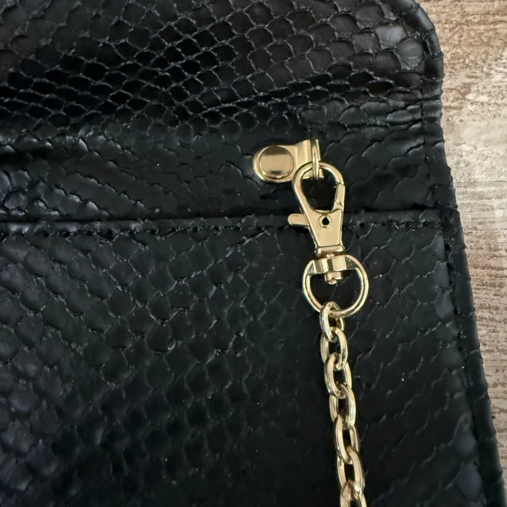 Urban Expressions Snakeskin Embossed Black Envelope Clutch with Gold Chain